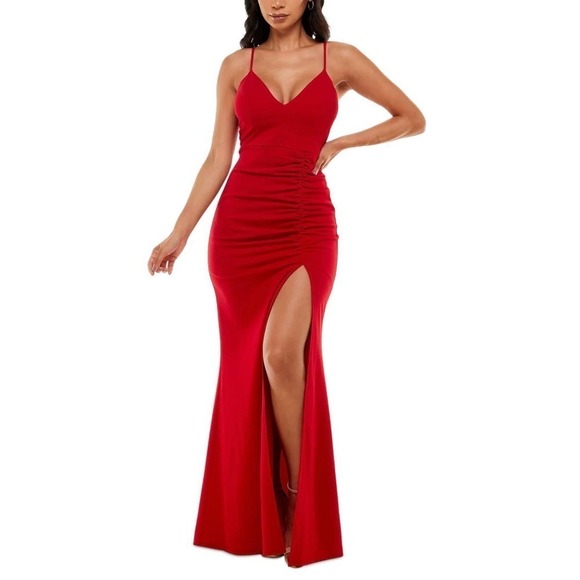 Emerald Sundae Junior's Ruched Side Slit Slim Gown Red Size XS - Picture 2 of 8
